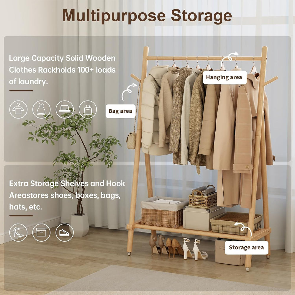 Muwuele Solid Wood Clothing Rack, Rolling Clothes Rack for Hanging Clothes, G...