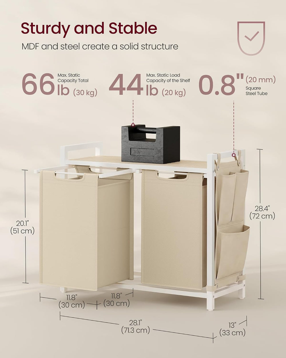 VASAGLE Laundry Hamper with Shelf, 2 Pull-Out Bags, 2 x 12.1 Gallons (46 L)