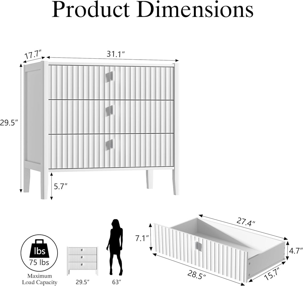 Furniway 31.5" Wide White 3 Drawer Dresser for Bedroom, Modern Chest of ...
