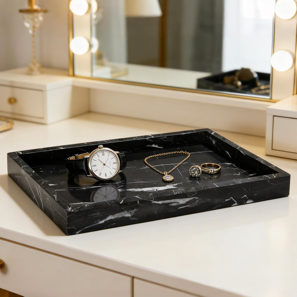 Garvee Natural Marble Tray 12x8 Inch, Pure Stone Vanity Tray for Bathroom Cou...
