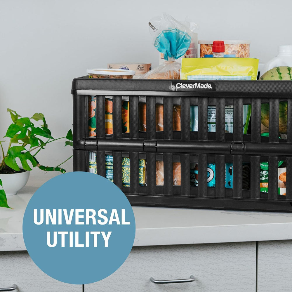CleverMade Collapsible Utility Crates, 60L Storage Crate, 3 Pack, Obsidian