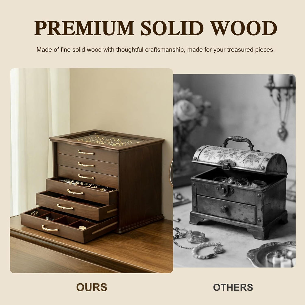 KINTNESS Black Walnut Wooden Jewelry Box - 6 Drawers Solid Wood Large Jewelry...