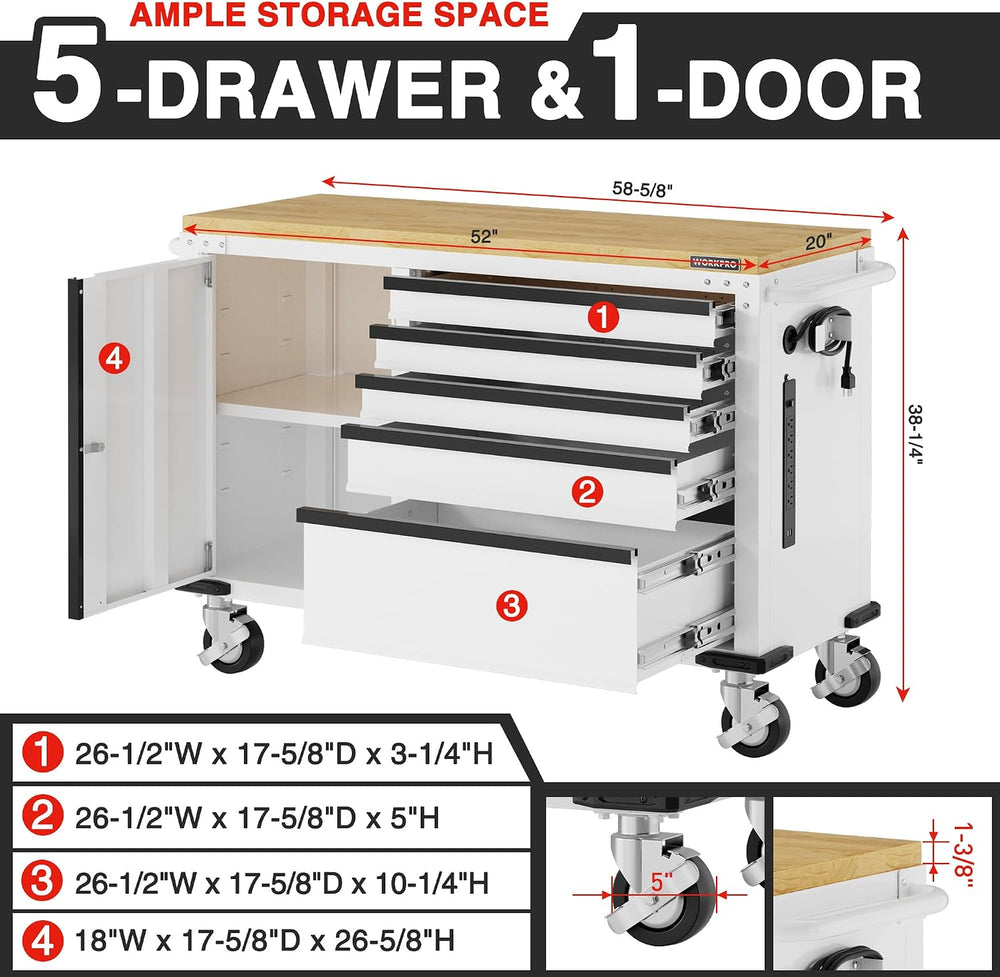 WORKPRO 52" x 20" Rolling Tool Chest, 5-Drawer & 1-Door