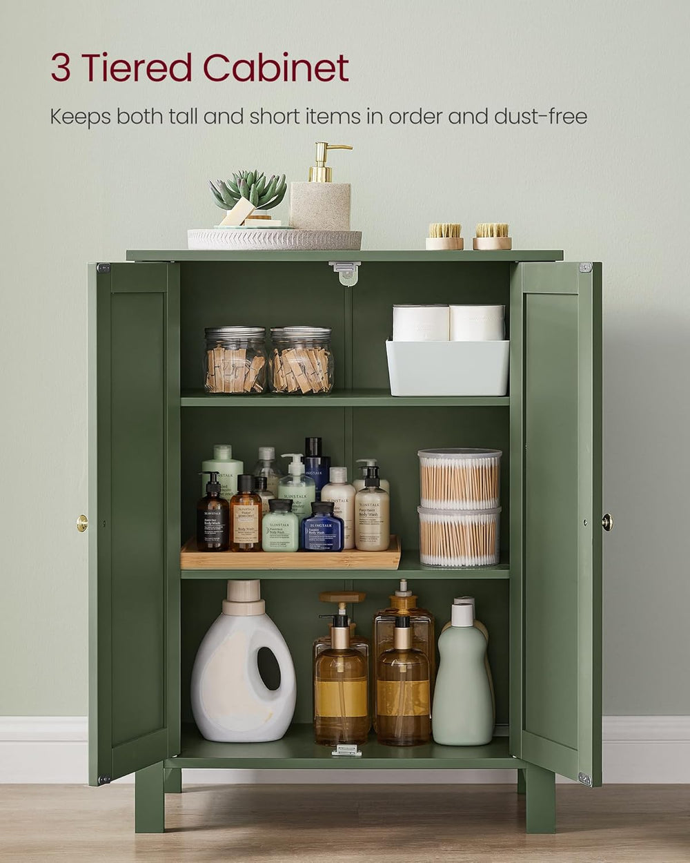 VASAGLE Bathroom Floor Storage Cabinet, 2 Doors , Forest Green
