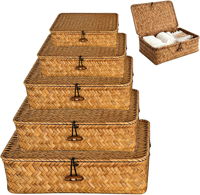 Wicker Basket with Lid,Seagrass Flat Storage Bins, Set of 5