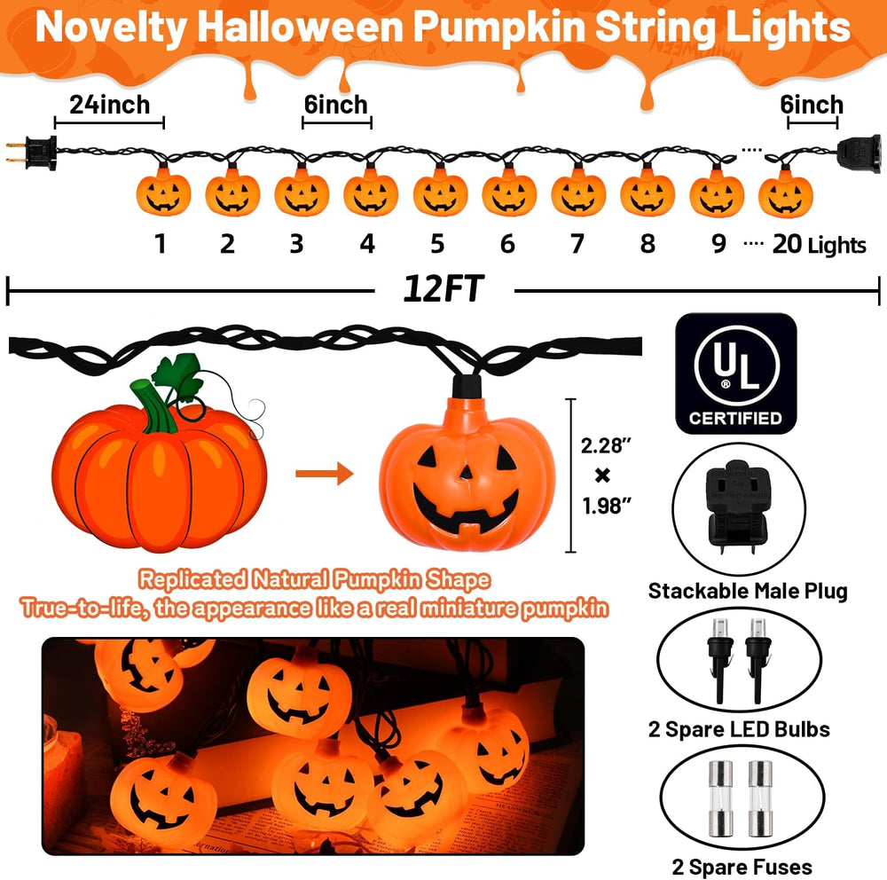 12Ft Halloween String Lights Plug in with 20 LED Pumpkin Lantern Lights, Nove...