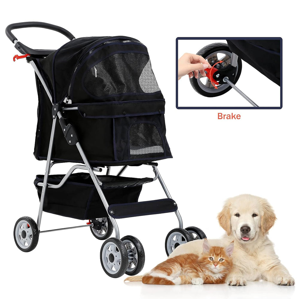4 Wheels Pet Stroller for Dogs/Cats, Cat Dog Cage Stroller, Travel Folding Ca...