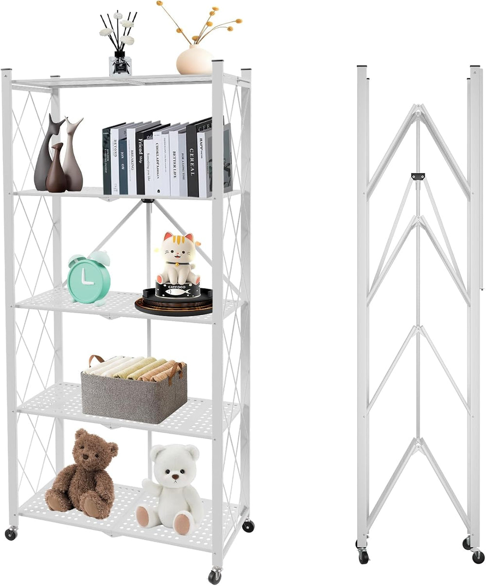 5-Tier Folding Shelf with Wheels No Assembly Portable Shelves
