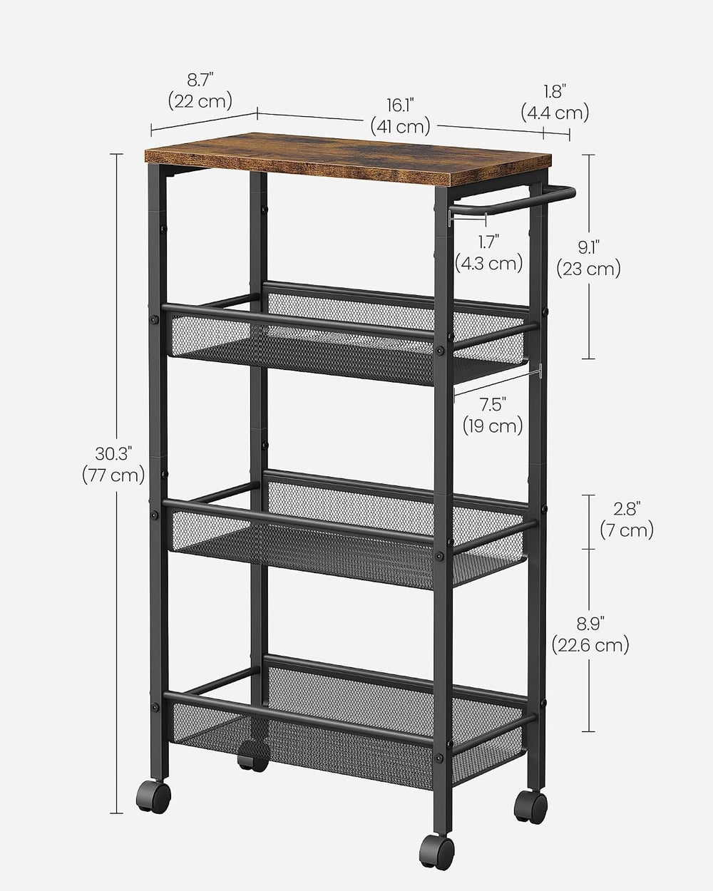 VASAGLE 4-Tier Slim Rolling Storage cart with Wheels, 8.7 Inches, Metal