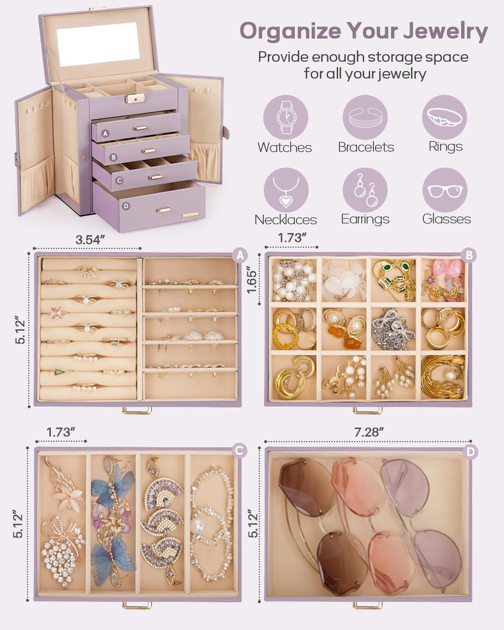 Homde Large Jewelry Box for Women: 5-Layer Organizer with Lock for Dresser