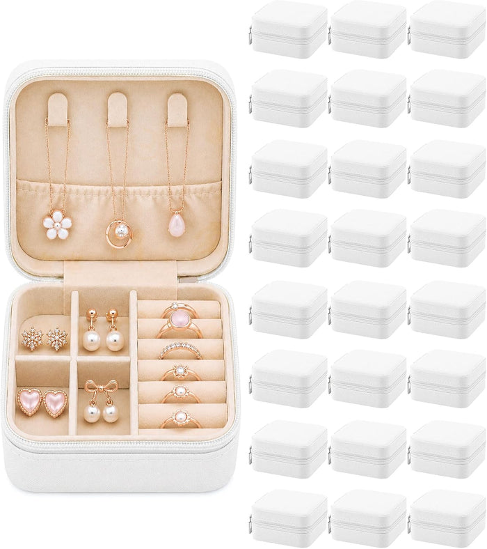 24 Pack Travel Jewelry Box, Mini Portable PU Leather Jewelry Case Bulk, Small Jewelry Organizer for Church, Party, Girls, Women, Teacher, Bridesmaid Proposal Gifts, Earrings, Rings, Necklace(White)