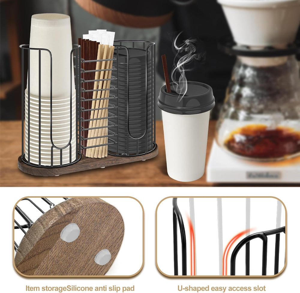 3-Compartment 18oz Coffee Cup Dispenser Rack with Wood Base, Disposable Cup, ...