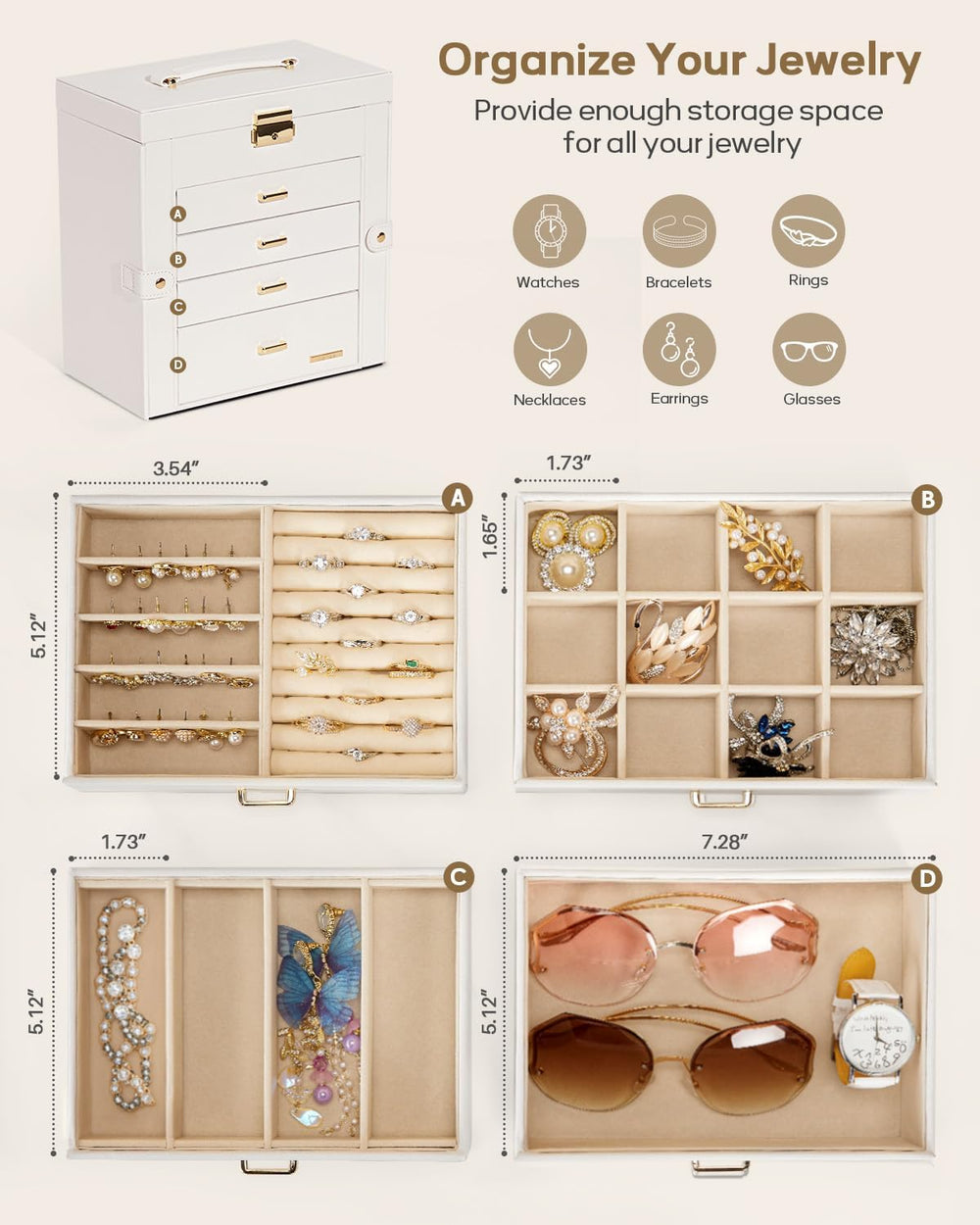 Homde Large Jewelry Box for Women: 5-Layer Organizer with Lock for Dresser