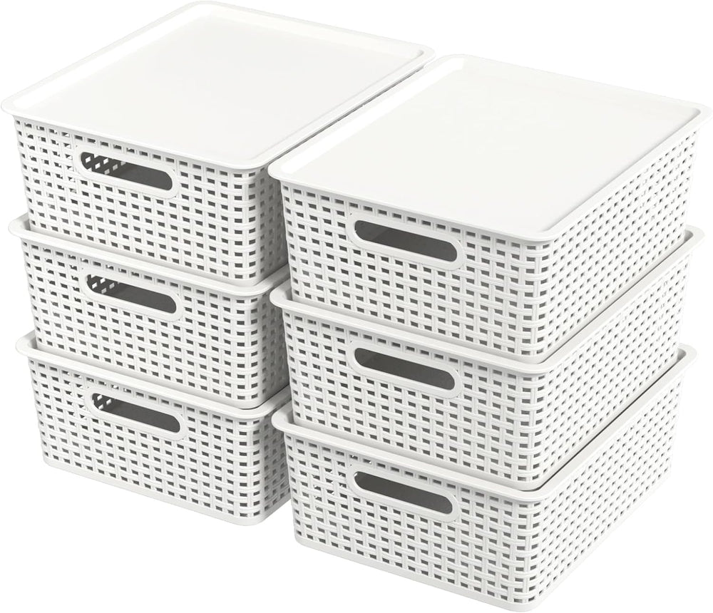 Hespama 6 Pack Plastic Weave Storage Basket, Stackable Lidded Organizer Bin