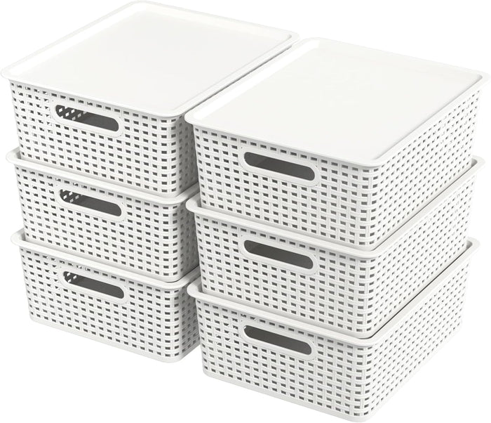 Hespama 6 Pack Plastic Weave Storage Basket, Stackable Lidded Organizer Bin