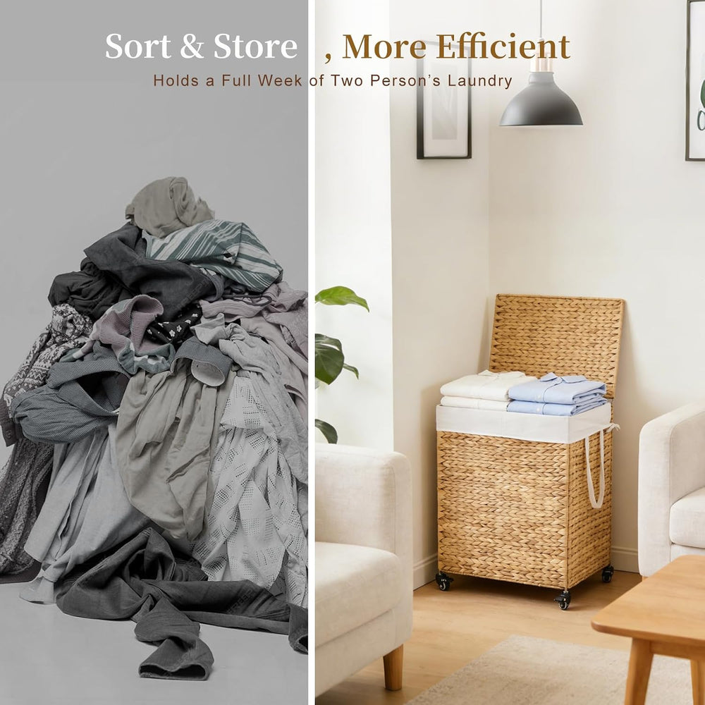 2-Section Laundry Hamper with Lid, Large Capacity Woven Natural Water Hyacint...