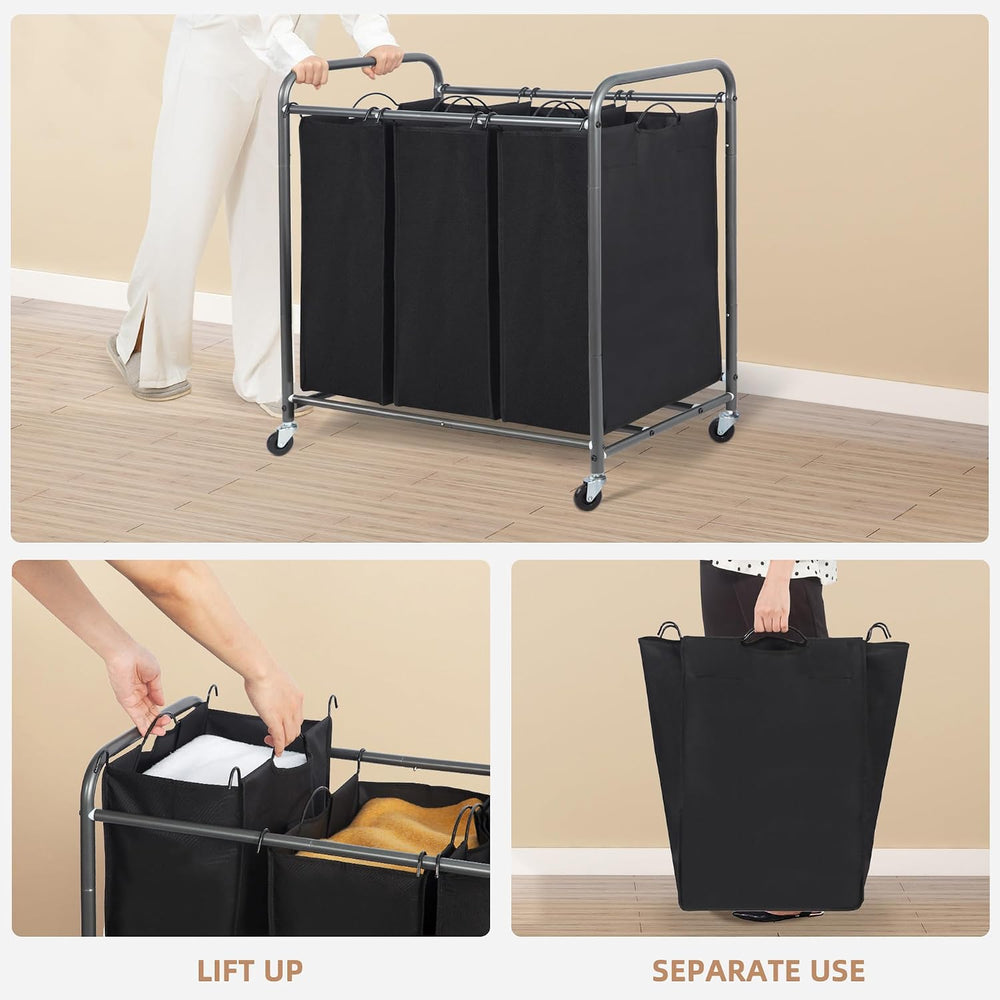 STORAGE MANIAC 3 Section Laundry Sorter, 35.6 Gal (135 L) Laundry Hamper Cart...