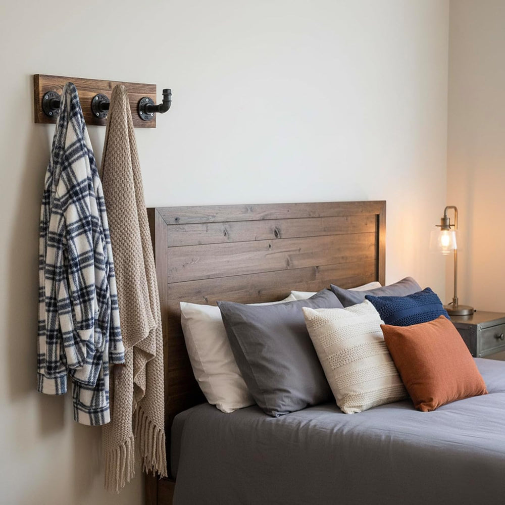 MyGift Wall Mounted Burnt Wood Coat & Hat Rack with 3 Hooks, Pipe Design