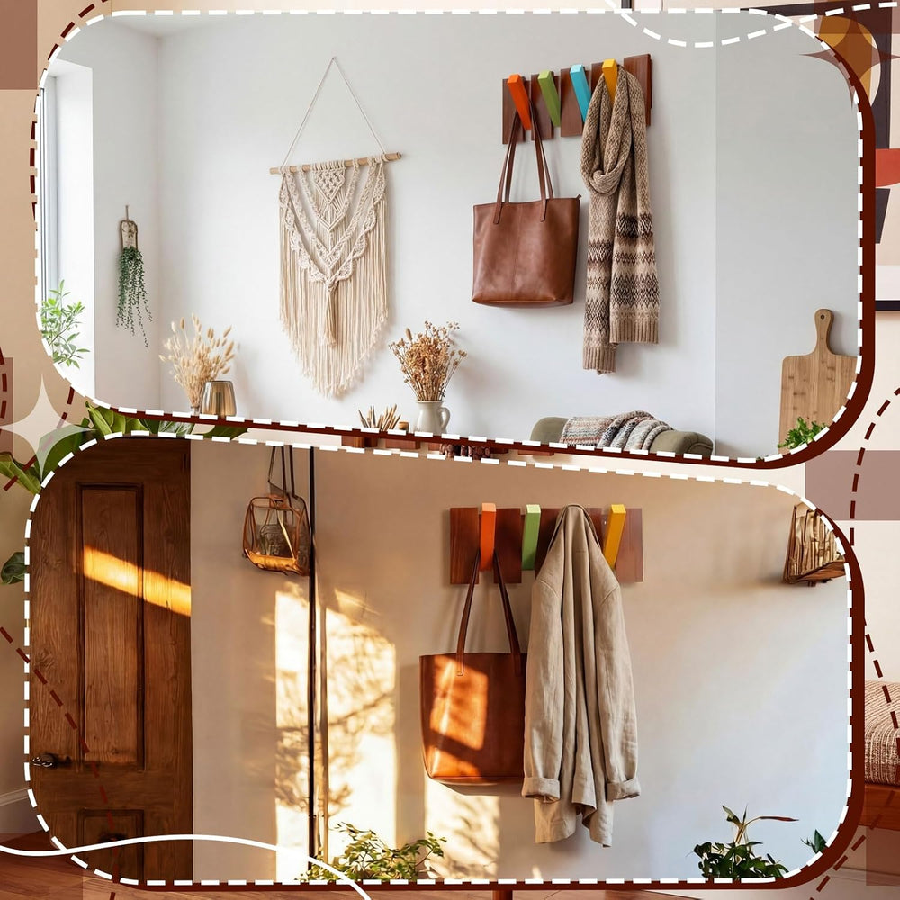 Youyole 2 Pcs 4 Hook Wooden Coat Hooks Wall Mounted Mid Century Modern Foldin...