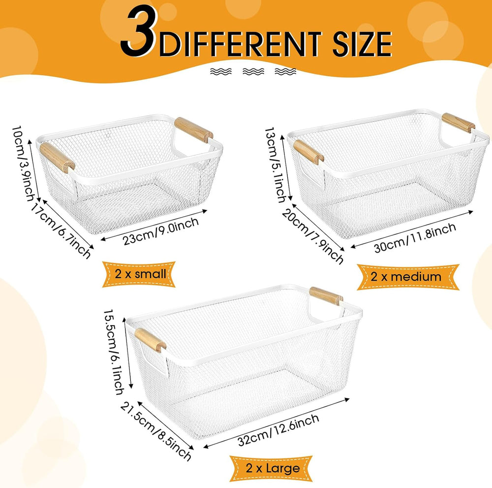 Maxcheck 6 Pack 3 Size Metal Wire Baskets with Wood Handles, Cream White