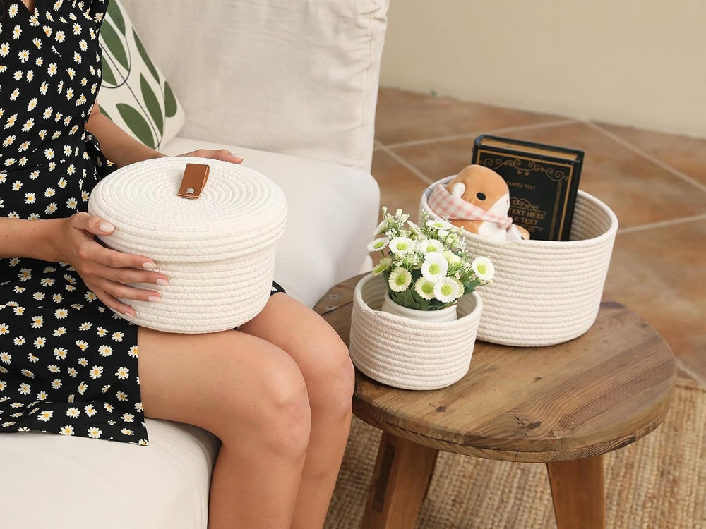 Set of 3 Small Woven Baskets with Lids, Cotton Rope Round Nesting Storage Bas...