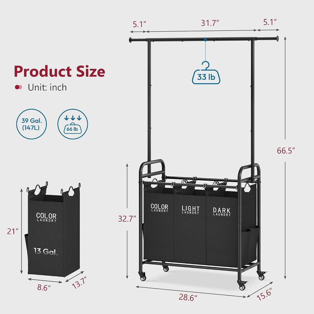 Tajsoon Laundry Sorter with Hanging Bar, 3 Section Laundry Hamper, Black