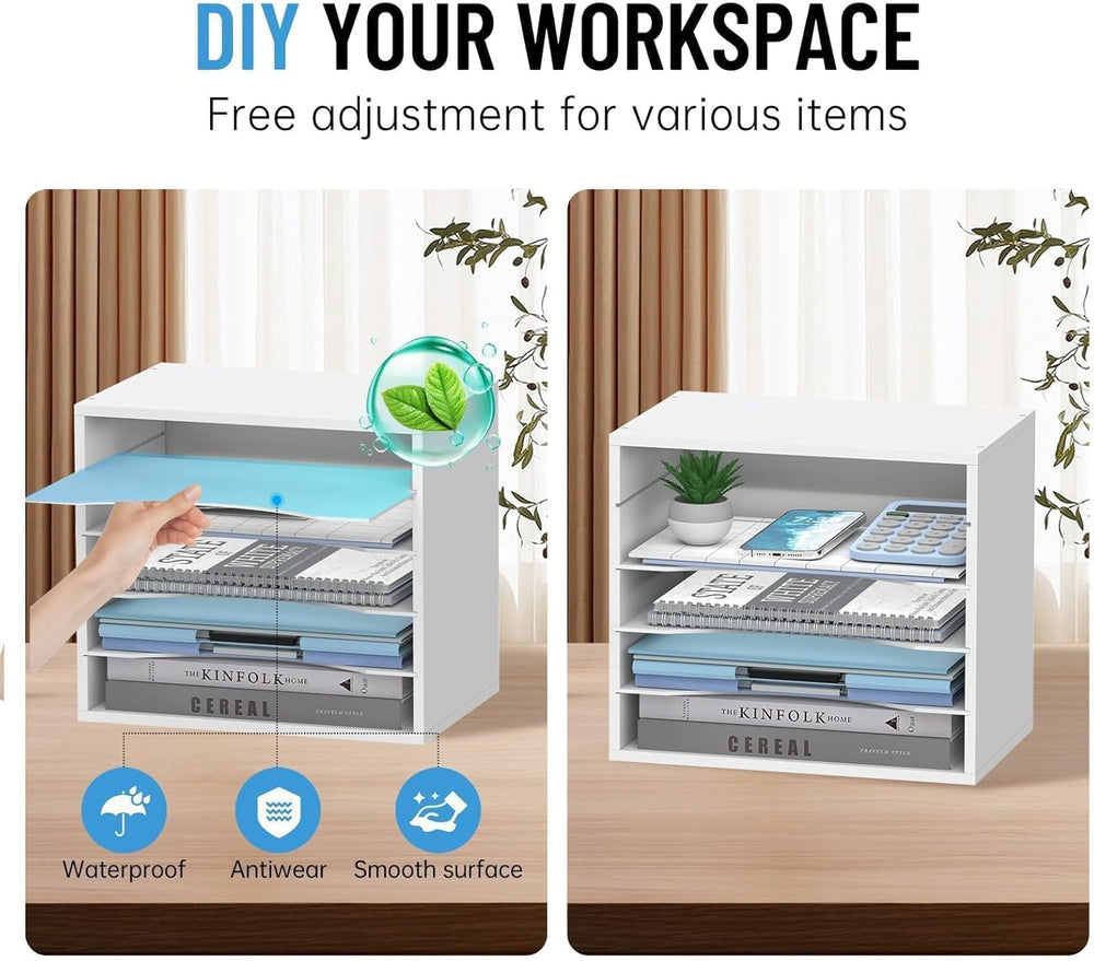 5-Tier Paper Organizer for Desk, Adjustable Mail Organizer, White