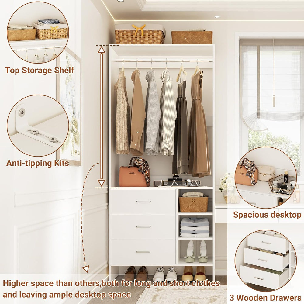Aheaplus 2.5FT Closet System with 3 Drawers,29.5’’ Closet Organizer, White