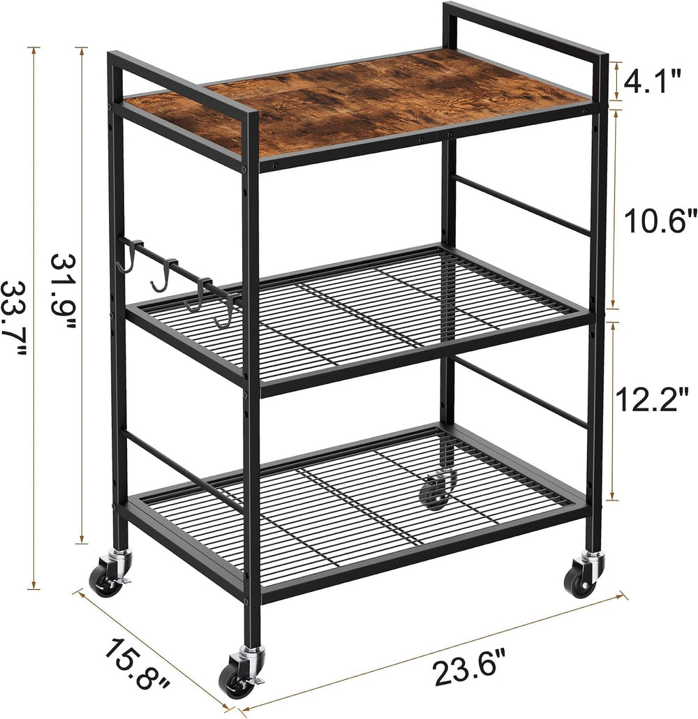 3-Tier Metal Storage Rack with Industrial Wheels,Mesh Shelving Unit with Wood...