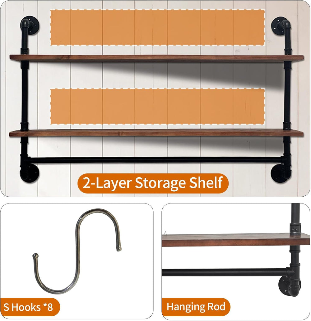 Industrial Pipe Shelving Wall Mounted,Pipe Shelves with Plank(2 Tier 48In)
