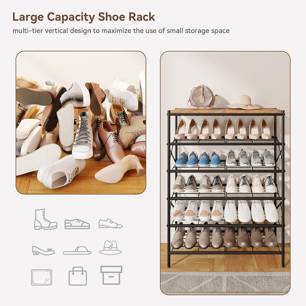IBUYKE 6 Tier Large Shoe Rack for 24 Pairs of Shoes, Rustic Brown