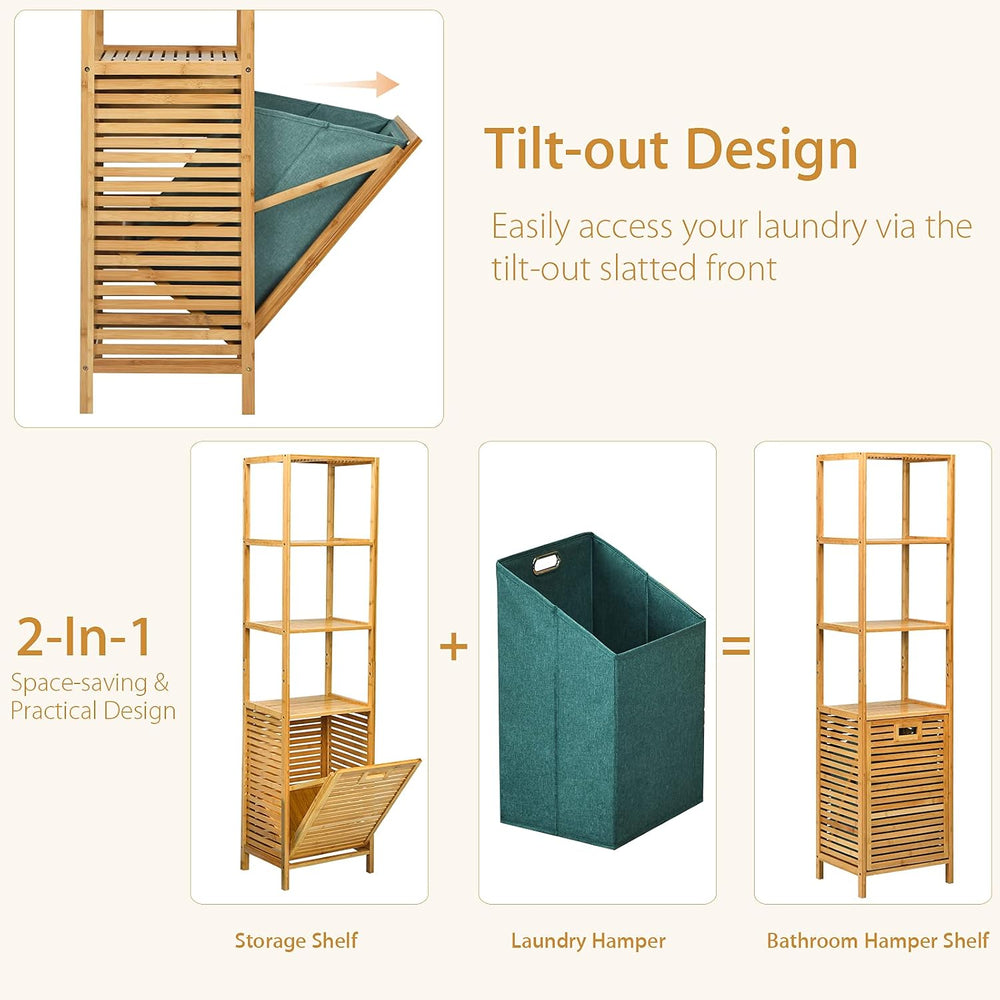 4 Tier Bamboo Shelves with Tilt Out Laundry Hamper, Freestanding Storage Shel...