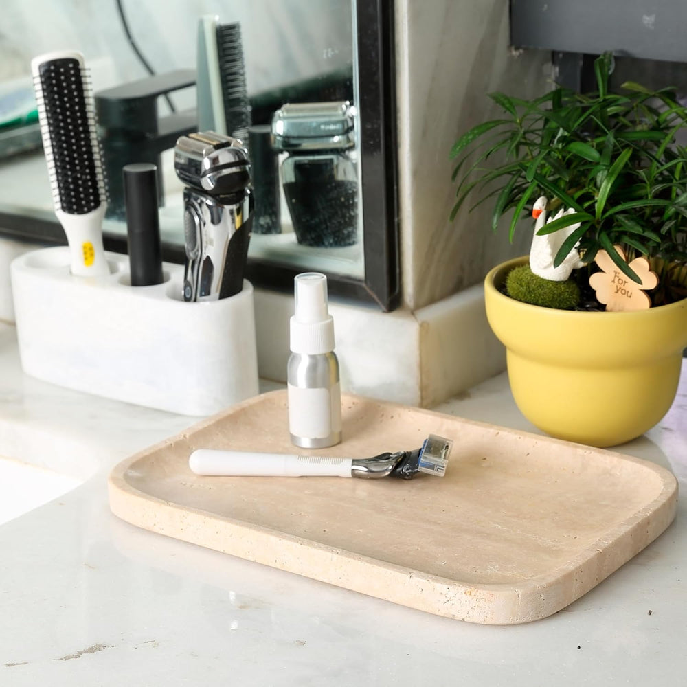 Marble Vanity Tray, 11.8" Travertine Bathroom Tray Countertop, Beige Sto...