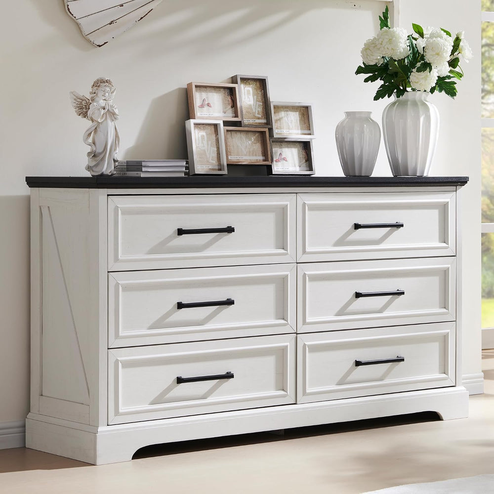 ACCOHOHO 52" Wide Farmhouse 6 Drawer Dresser for Bedroom, Off White