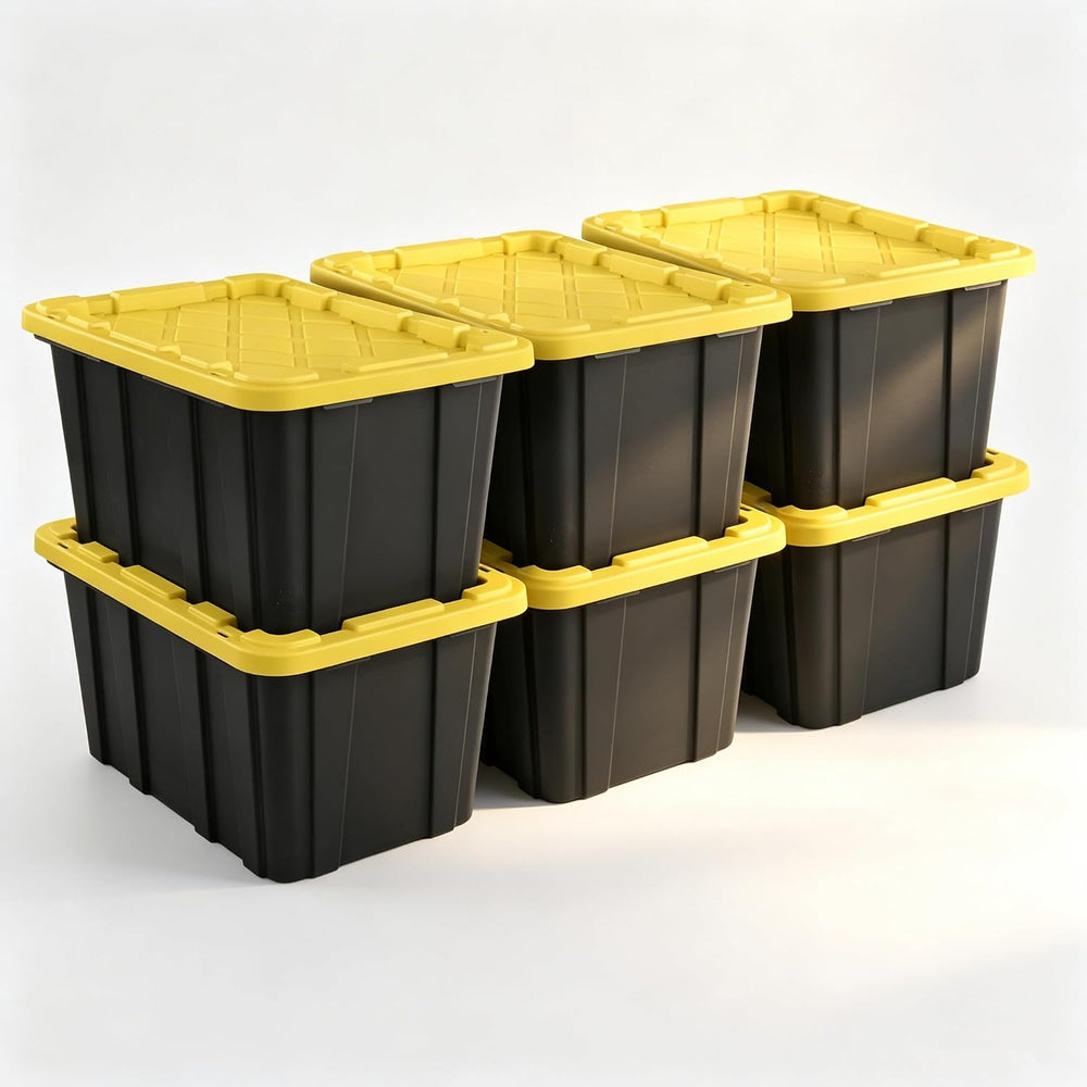 Plastic Storage Tote, Large 27 Gallon, Black and Yellow, 6 Pack