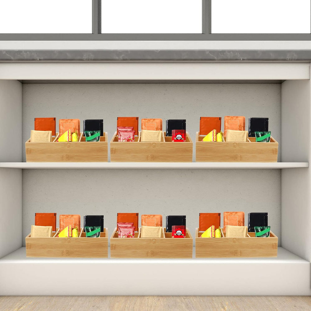 Maitys 4 Pcs Bamboo Tea Organizer, Beige 6 Compartment Storage Box
