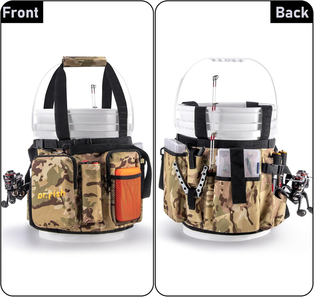 Dr.Fish 5gal Bucket Organizer, Ice Fishing Tackle Bag 6 Pocket Rod Holders
