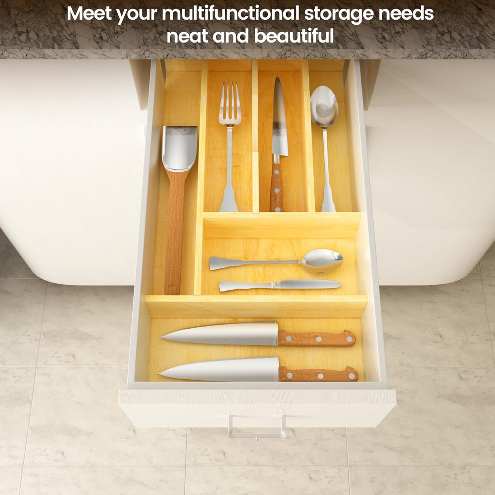 Silverware Drawer Organizer Wood with Adjustable Partition Utensil Cutlery Fl...