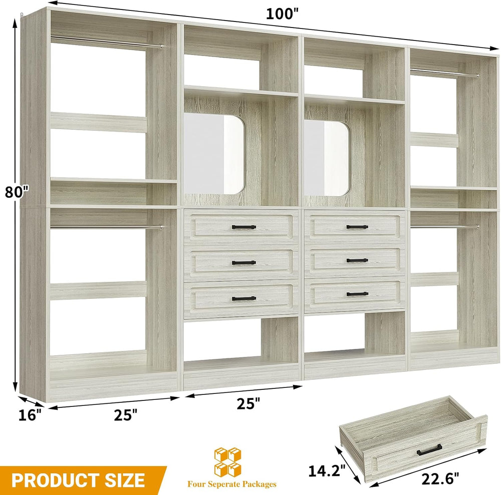 Unikito Closet System, 100" Closet Organizer with 6 Drawers & Mirrors