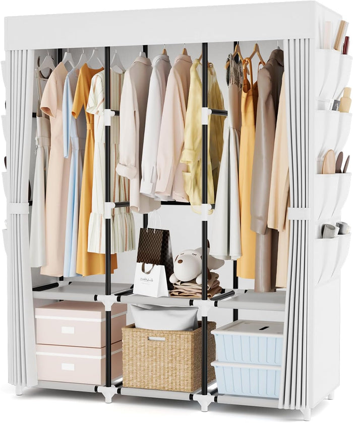 Portable Closet with Cover, 3 Hanging Rods and Side Pocket, Sturdy Free Standing Closet, White