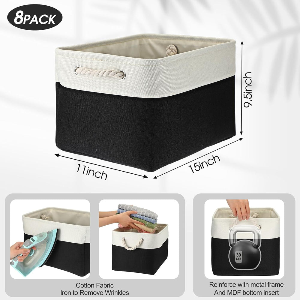 meekoo 8 Pack Fabric Storage Bins Baskets, 15 x 11 x 9.5 in, Black White