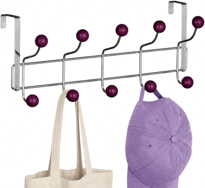 Premier Purple Over Door Coat Hooks - 10 Hooks, Chrome Finish, Modern Minimalist Style, Door Mount, W41 x D12 x H16cm