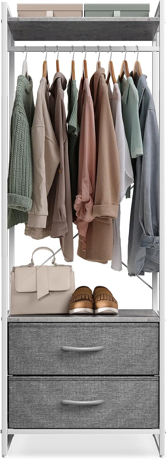 Sorbus Tall Clothing Rack with Drawers, Wood Top (Grey)