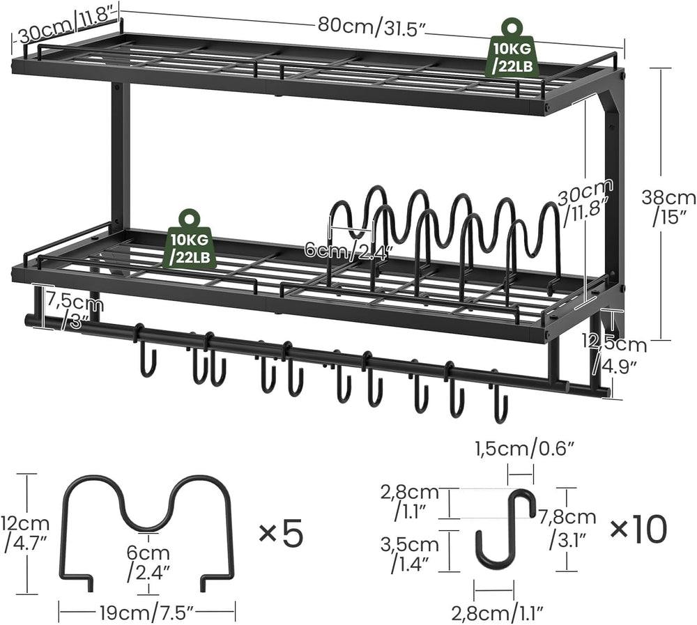 Pot Rack, Wall Mounted Pan Holder, 2-Tier Pot and Pan Organizer, Heavy Duty P...