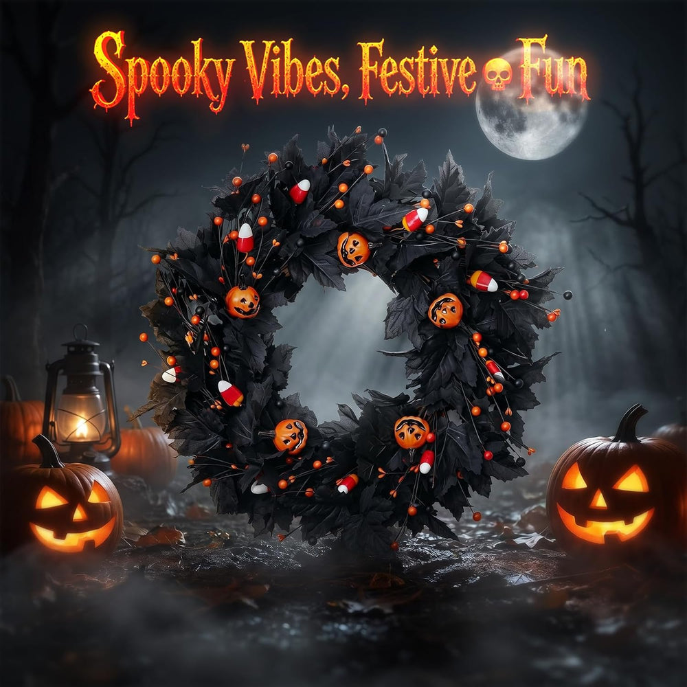 Pumpkin Halloween Wreath 24 Inch Black Maple Leave Wreaths for Front Door wit...