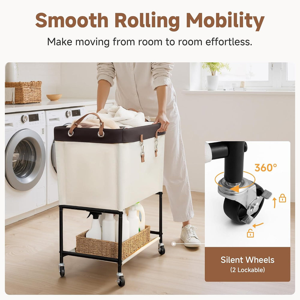 StorageWorks Laundry Cart, 2 Tier Rolling Basket with Wheels, 29 Gal, Beige