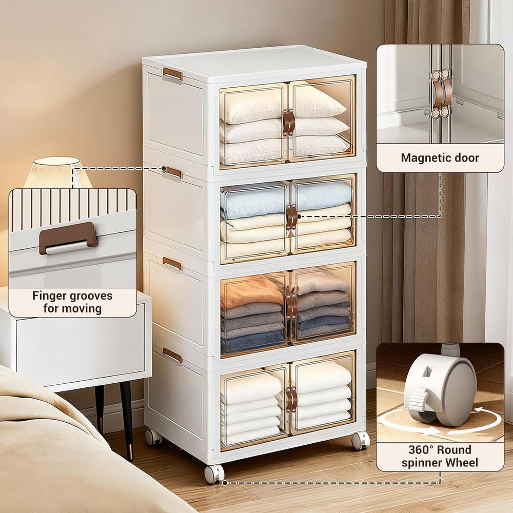 White 320 QT Large Stackable Storage Cabinet, 4-Tier Collapsible Storage Bins...