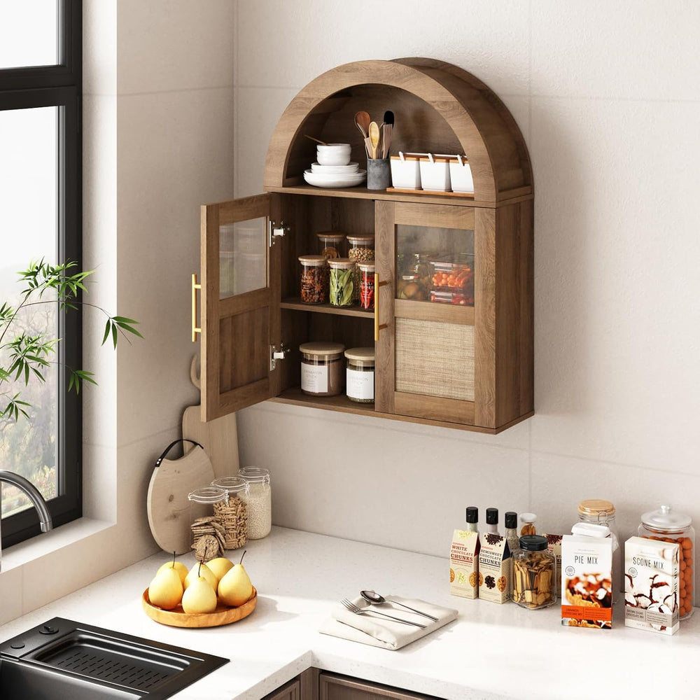 RUSTOWN Arched Bathroom Wall Cabinet with 2 Glass & Rattan Doors