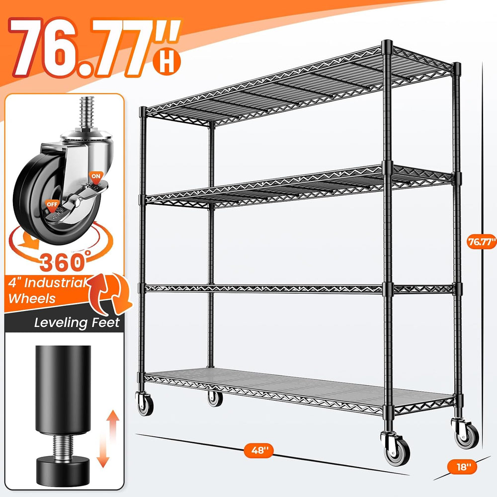 76.77" H Storage Shelves 1500LBS Metal Shelving Unit with Wheels, Adjust...