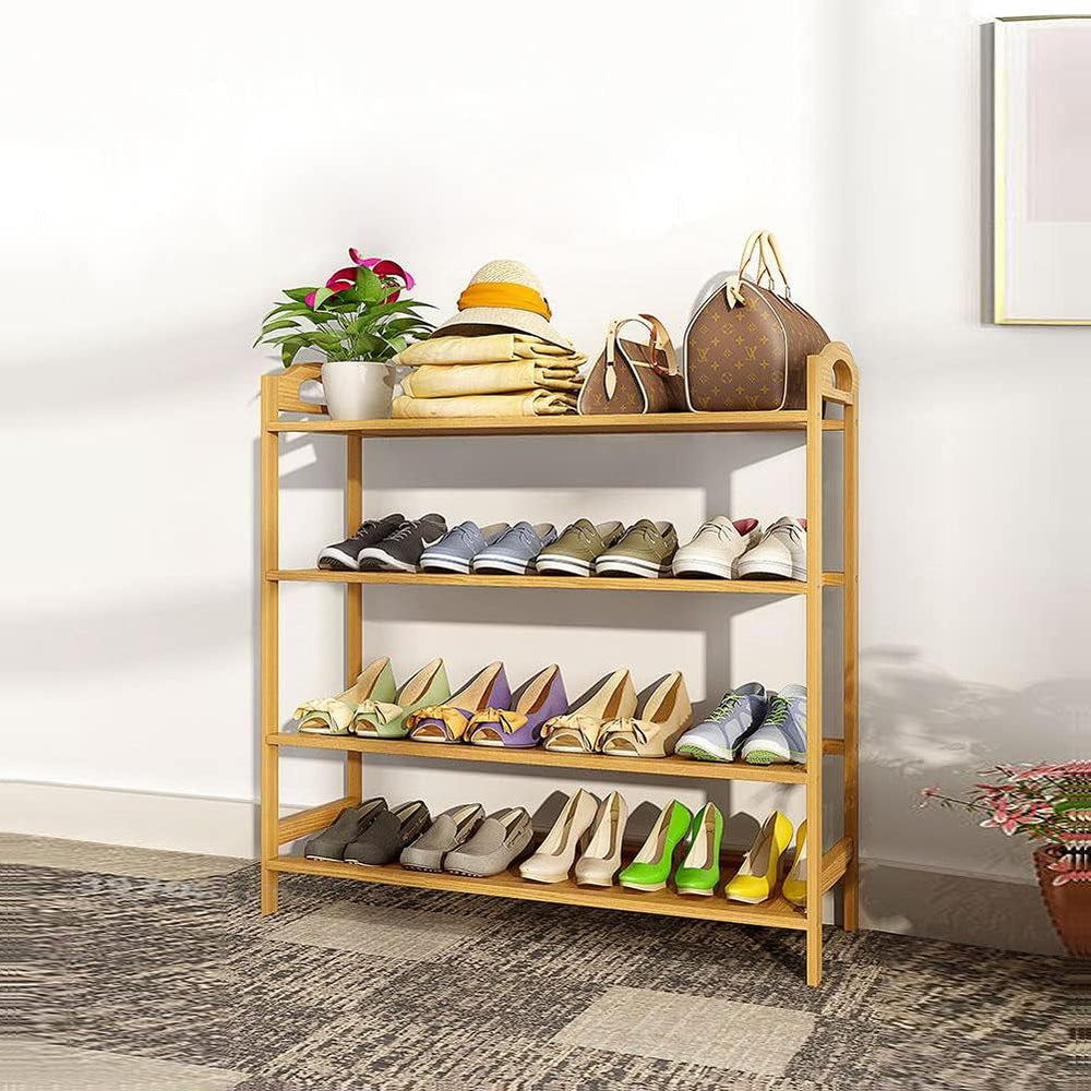 4 Tier Bamboo Shoe Rack,Shoe Organizer Free Standing Entryway Shoe Tower Shel...